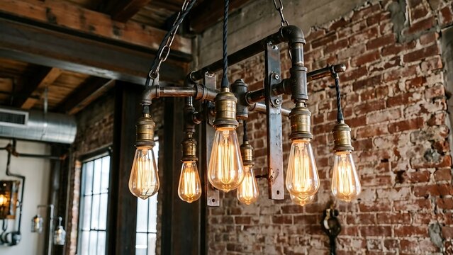 Hanging industrial pipe chandelier with warm glowing filament light bulbs