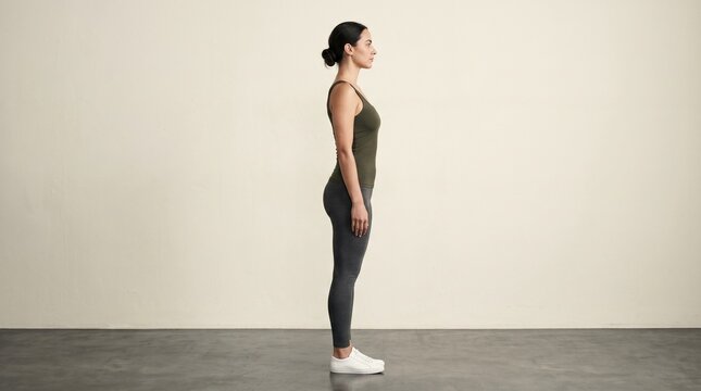 Standing fully sideways, one arm down covering side of breast, pubic area hidden by thigh overlap