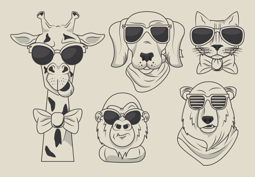 Cute animal vector icon set with lion elephant monkey bird fish cat dog deer fox whale dolphin in flat style