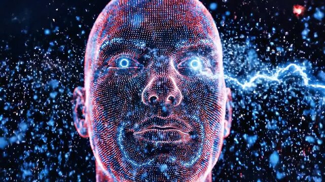A futuristic pixelated human face with glowing blue eyes and red outline