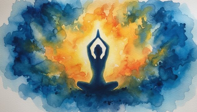 Watercolor yoga meditation silhouette, spiritual zen energy background, abstract mindfulness illustration with blue and orange paint splashes