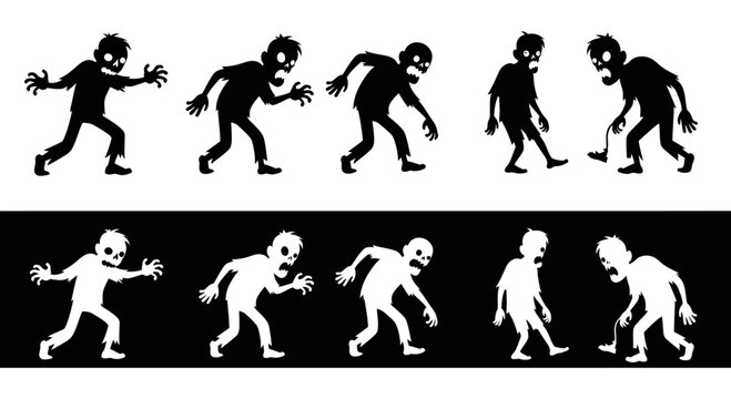 Zombie Silhouettes Set: Walking, Crawling, Menacing Figures in Black and White