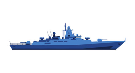 Modern Blue Warship Silhouette, Naval Destroyer, Military Vessel Illustration © Didit