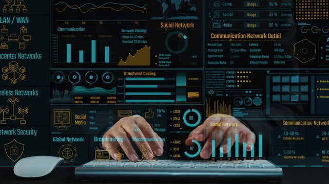 Visual representation of communication networks featuring detailed infographics on connectivity, security, and data management, showcasing technology's impact on global networks. Cipher