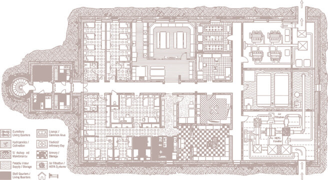 Vintage architectural floor plan of underground bunker, retro blueprint of secret facility layout, technical schematic of subterranean base