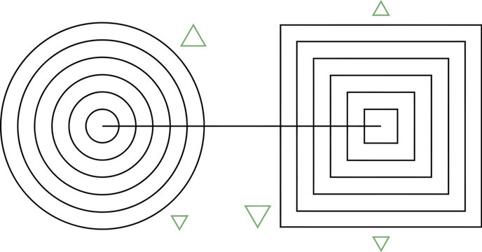 Minimalist geometric vector illustration, concentric circles and squares connected by line, abstract linear art for modern branding and web design
