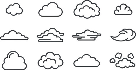 Obraz premium Minimalist cloud icon set, 12 black line vector cloud symbols, simple weather and sky outline illustrations for web design and interface apps