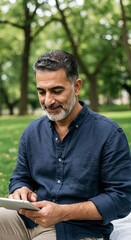 Obraz premium Relaxed Middle Eastern Man Smiling While Using Tablet Outdoors in a Park