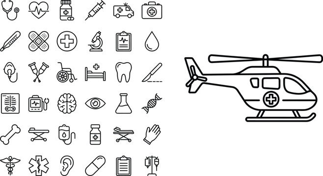 Medical line icon set with air ambulance helicopter, healthcare symbols and hospital equipment vector collection, thin stroke medicine pictograms
