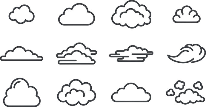Minimalist cloud icon set, 12 black line vector cloud symbols, simple weather and sky outline illustrations for web design and interface apps