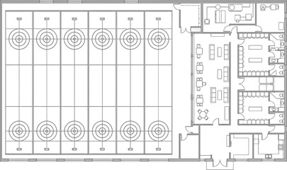 Architectural floor plan of curling club facility, professional sports arena layout vector, technical drawing of ice rink with multiple sheets © Insa Batool