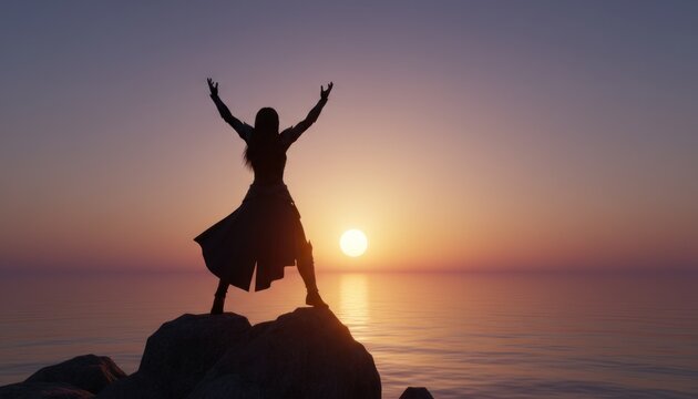 Silhouette of woman with raised arms on ocean cliff at sunset, female warrior standing on rock by the sea, spiritual freedom and success concept