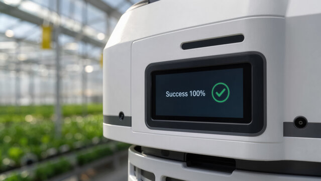 Close up of digital touch screen on smart robotic hive showing success indicator and pollination statistics