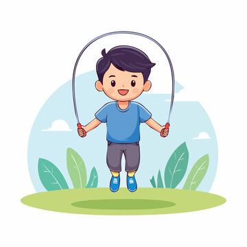 Cartoon Boy Jumping Rope Outdoors