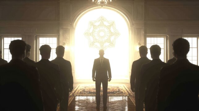 Silhouetted businessmen stand before a brightly illuminated arched doorway featuring an ornate geometric design