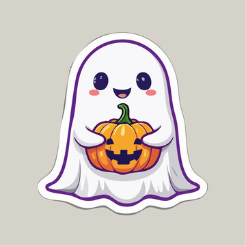 Cute Cartoon Ghost Holding a Jack-o'-Lantern