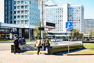 Fototapeta premium Street entrance to the Belarusian metro station. Underground transportation in a big city.