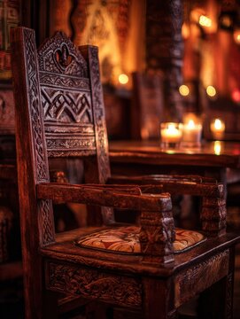 Ethiopian Kitfo Restaurant Ambiance with Carved Wooden Chair and Warm Candlelight Glow