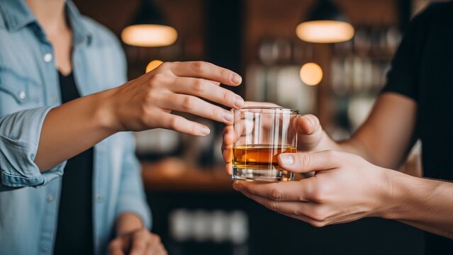 Close-up of two people exchanging a glass of whiskey in a cozy bar setting with warm ambient lighting and blurred background for social drinking enjoyment
