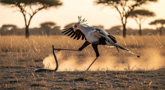 Secretary Bird Savanna Snake Strike Precision Attack