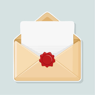 Open Envelope with Red Wax Seal and Blank Paper