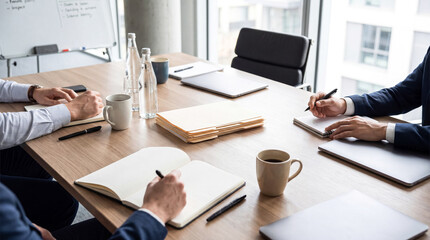 Overhead view of business people diligently taking notes and reviewing documents during a productive corporate meeting. © Julie