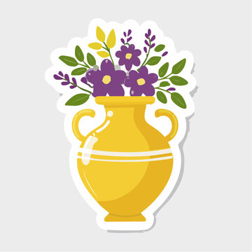 Yellow vase with purple flowers and green leaves