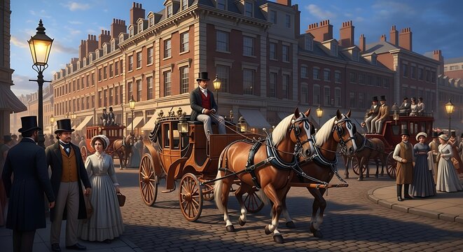 Horse-drawn carriages and elegantly dressed people on a cobblestone street