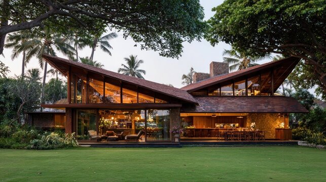 Contemporary tropical dwelling showcases dramatic angled rooflines overlooking expansive lawn