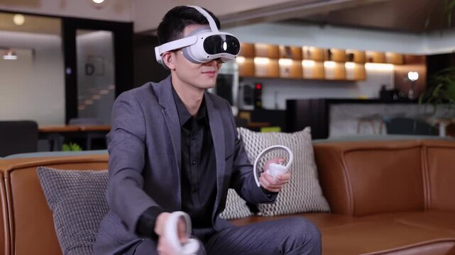 Businessman in suit wearing futuristic technology 3d VR virtual reality glasses watching 360 video or playing metaverse headsets games with remote control in meeting room technology innovation concept