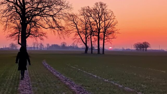Person walks along a rural path at sunrise near leafless trees and open fields
