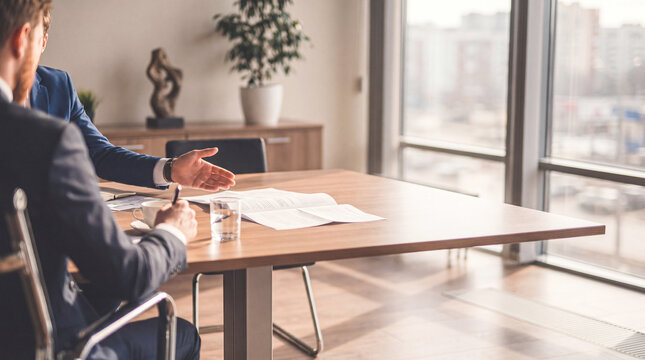 Professional photograph showing two businessmen in suits discussing strategy at a large conference table in a modern.