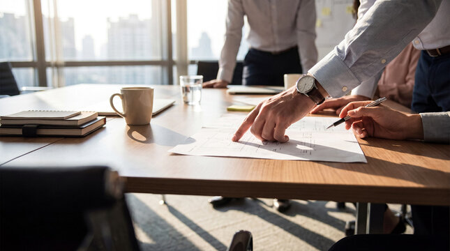 Close-up photograph of business professionals collaborating, with one person pointing at a document during a meeting.