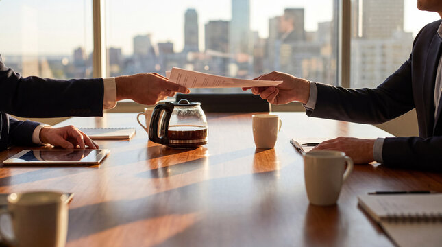 Two business professionals exchanging important documents and contracts across a conference table.