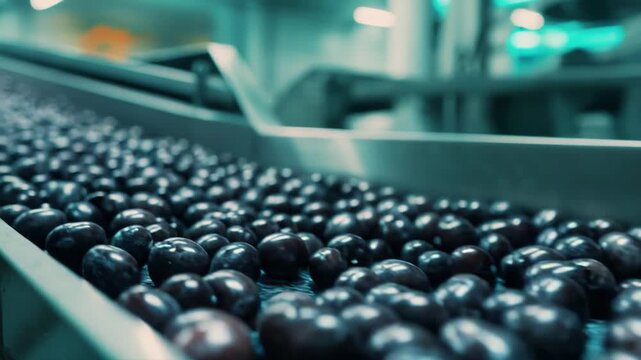 Freshly picked plums sorting and cleaning on an automated conveyor line within a modern agricultural food processing facility for quality control and packaging