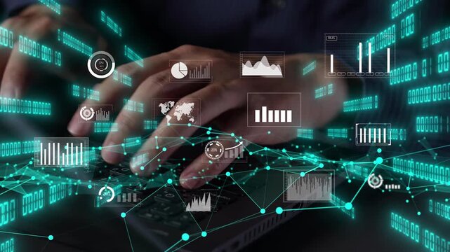 A person types on a laptop while surrounded by vibrant digital graphs and charts, symbolizing data analytics and modern business insights in a tech-driven world. Xenic