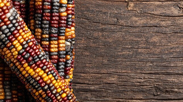 Several colorful flint corn ears rest against a dark, textured wooden surface.