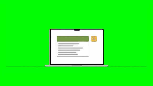 2D Animated Illustrated Laptop Being Unfolded and Screen Showing Search Bar and Results on Browser Tab on Green Background