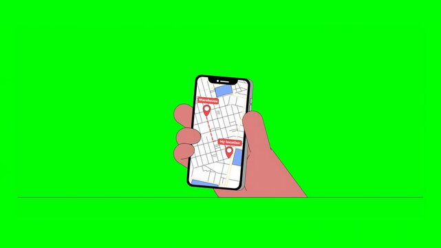 2D Animated Illustrated User Hand Holding Mobile Phone Showing Tracking of Order Progress From Warehouse to Destination on App on Green Background