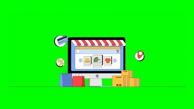 2D Animated Computer Screen Browser Tab Showing Online Store With Sliding Product Images and Shopping Cart Surrounded by Shopping Bags, Parcel Boxes, Credit Cards, Location Markers on Green Screen