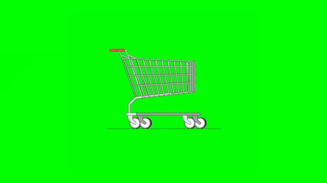2D Animation of Shopping Cart With Wheels Standing or Moving Forward on Green Background.