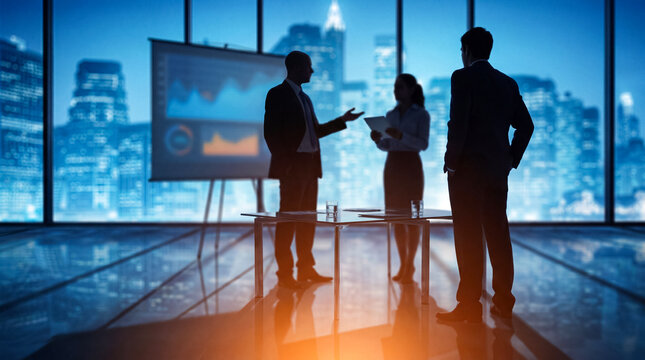 Silhouettes of business professionals in a modern office, engaged in a presentation against a city skyline.