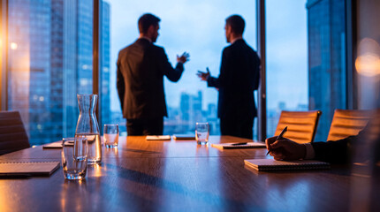 Businessmen conversing during a strategic meeting in a modern boardroom with a panoramic city view. © Julie