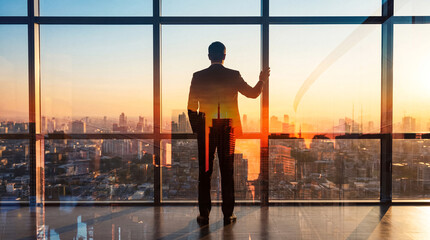 Businessman stands admiring the sprawling city at sunrise, envisioning a successful and bright future. © Julie
