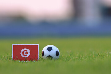 Tunisia national flag patch beside classic soccer ball on green football field, representing international competition, national pride, and North African sports identity. © The Dell Shot by SJ