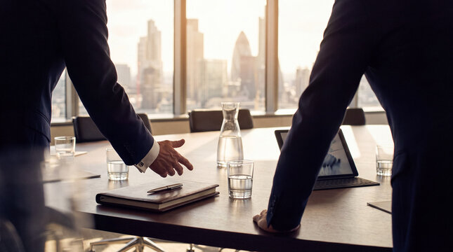 Two distinguished businessmen in suits discussing strategy at a corporate meeting in a modern office.