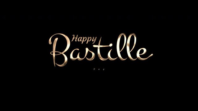 Displays happy bastille day in elegant golden script on a black background. Perfect for french national holiday celebration designs.