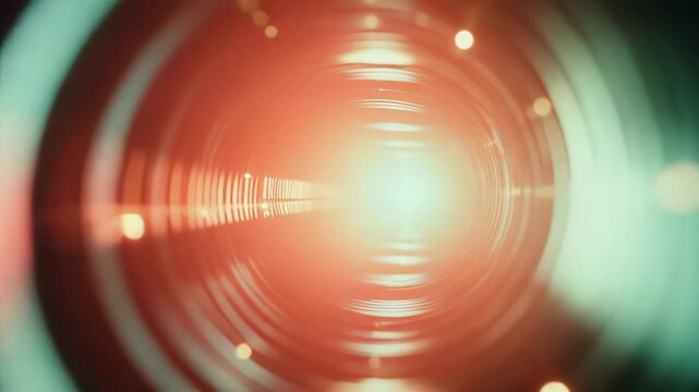 Glowing abstract tunnel of particles and light forming a circular data stream, evoking high speed digital connection, futuristic networking, motion and advanced technology concepts