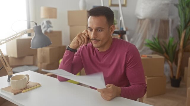 Young hispanic man with moustache holding paperwork and phone to ear, eyes wide in a building room stacked with moving boxes and covered furniture; moving stress concern.