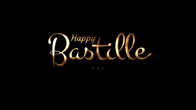 Displays elegant gold script of happy bastille day on a black background. Suitable for advertising, social media, and festive frenchthemed designs.